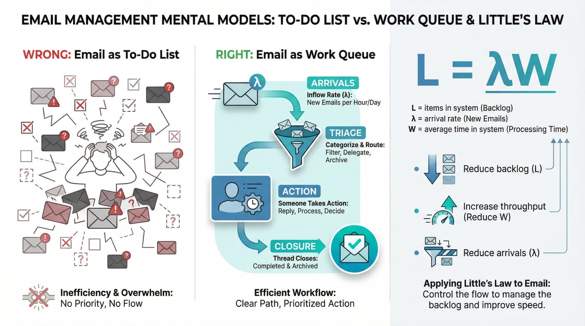 Conceptual diagram comparing email as a to-do list versus a work queue, showing the four-step queue flow and Little's Law formula with variable relationships